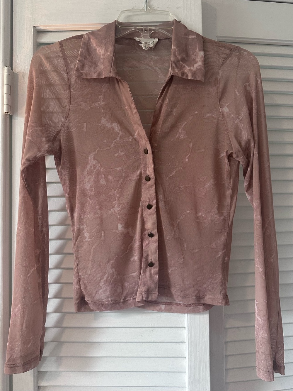 Meraki Sheer Print Neutral Long Sleeve Collar Button Blouse Top Shirt Size Large